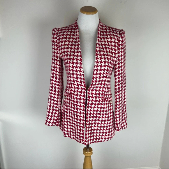 ZARA Luxury Ecru Red Collarless Long Sleeve Textured Houndstooth Jacket Size S - Picture 4 of 9